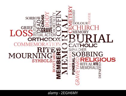 Funeral word cloud of burial ceremony concept. Mourning symbols of culture and religion for respect and remember of corpse death tag cloud design Stock Vector