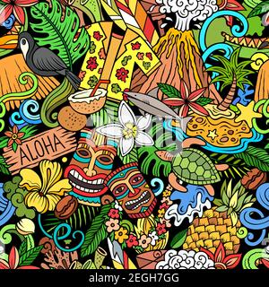 Cartoon doodles Hawaii seamless pattern. Stock Vector