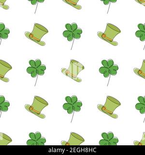 Saint Patrick day seamless pattern - clover leaves and green bowler hat, simple holiday vector background for wrapping, textile, digital paper Stock Vector