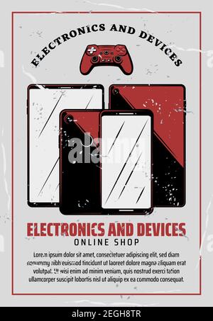 Electronic device retro poster of digital technology design. Mobile phone, tablet computer and video game joystick vintage banner for gadget online sh Stock Vector