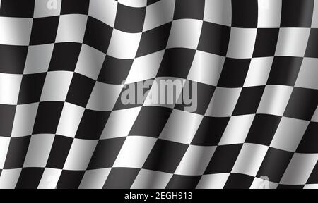 Racing flag 3d illustration background. Race sport and rally competition checkered pattern of black and white squares for success, winner and speed ca Stock Vector