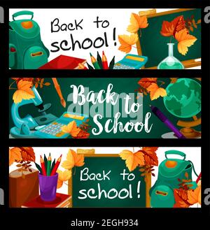 Back to School banners of green chalkboard and stationery supplies. Vector autumn maple leaf, pencil or ruler and geometry globe map, chemistry lesson Stock Vector