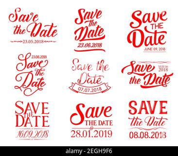 Save the Date lettering for wedding ceremony celebration design. Hand drawn calligraphy font with ribbon banner for engagement invitation or marriage Stock Vector