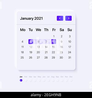 Neumorphism UI Calendar concept with blue gradient buttons. Template for mobile and web applications. Vector illustration Stock Vector