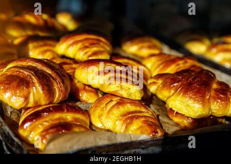 Croissants simple in bakery for breakfast, for sale Stock Photo