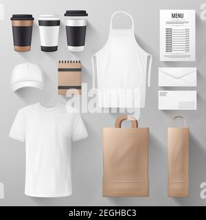 Restaurant, cafe and coffee shop corporate identity. Mockup template of food package, menu, paper cup and bag, uniform apron, t-shirt and cap, noteboo Stock Vector