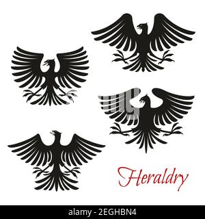 Heraldic eagle symbol set of bird with open wing. Black eagle, falcon or hawk with spread wing and tail feather isolated icon for tattoo, insignia, me Stock Vector