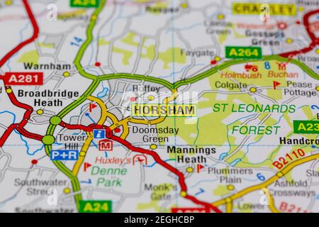 Horsham and surrounding areas shown on a road map or Geography map ...