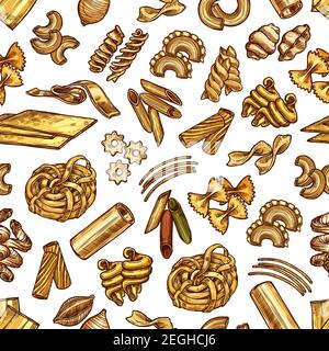 Pasta and spaghetti sketch seamless pattern. Vector traditional Italian cuisine pasta background of macaroni, lasagna or and fettuccine, ravioli or pa Stock Vector