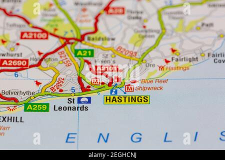 Hastings and surrounding areas shown on a road map or geography map Stock Photo