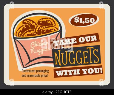 Chicken nuggets vintage banner of fast food restaurant. Deep fried chicken meat snack in takeaway paper bag retro poster for fast food cafe lunch menu Stock Vector