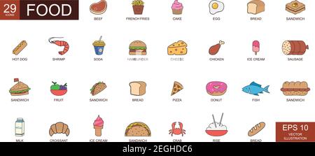 Realistic colored miscellaneous food web icons. Outline icons collection - Vector illustration Stock Vector