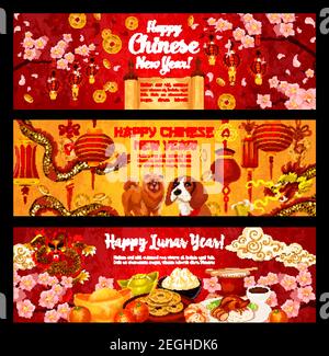 Chinese New Year of Dog greeting banners of traditional Asian lunar holiday celebration symbols. Vector dog, golden dragon and Chinese lanterns on kno Stock Vector