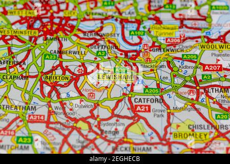 Lewisham in London and surrounding areas shown on a road map or geography map Stock Photo
