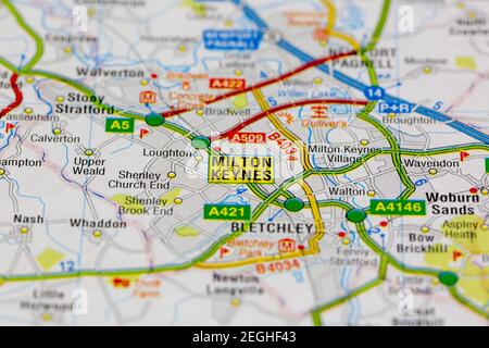 Milton Keynes and surrounding areas shown on a road map or geography map Stock Photo