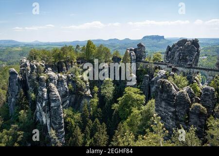 clear day view on the bastei brigde in the elbe sandstone mountains Stock Photo