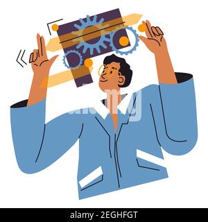 Scientist looking at new device with gear cog Stock Vector