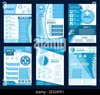 Orthopedics health center brochures for radiology orthopedic research company brochure. Vector flat design of body joints and spine bones for correcti Stock Vector