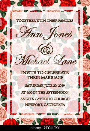 Marriage party template with red and pink roses. Flower design for celebrating marriage of groom and bride. Creative template with spring flowers on p Stock Vector
