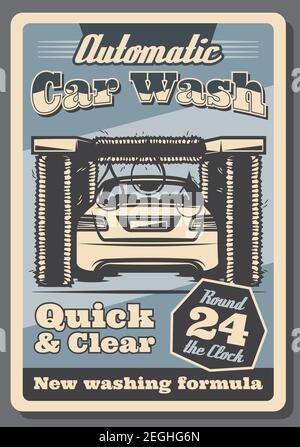 Car wash retro poster of vehicle automotive service for garage promotion design. Automobile in tunnel of car wash machine with brush, foam, bubble and Stock Vector