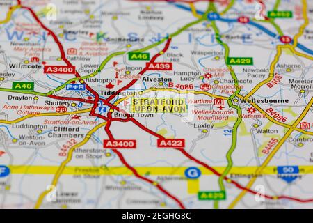 stratford upon avon and surrounding areas shown on a road map or geography map Stock Photo