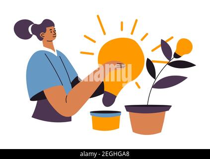Creative business idea, woman with light bulb Stock Vector