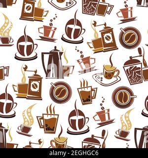 Vector pattern of coffee, beverages and hot drinks. Vector background with beans, cup and grinder. Repeated texture for coffee shop or cafe menu. Seam Stock Vector