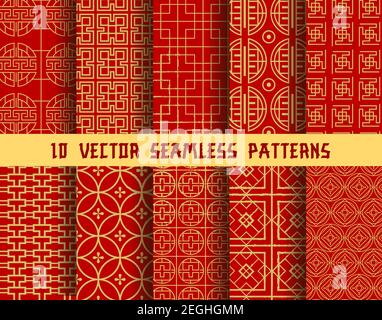 Chinese red and golden seamless vector patterns of abstract traditional Asian ornament. Vector background patterns set of Chinese or Japanese geometri Stock Vector