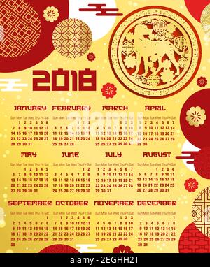 Chinese New Year calendar template with asian lunar calendar dog. 2018 year calendar with zodiac horoscope dog animal and golden paper cut ornament of Stock Vector