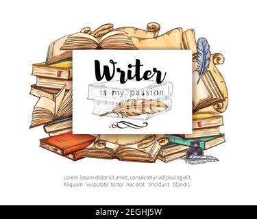 Old paper book sketch with stack of feather pen, antique scroll and ink. Open book with empty page, parchment and quill, manuscript and inkwell for ed Stock Vector