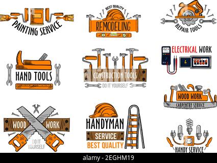 Work tools icons for house construction and home repair service. Vector isolated set of electric lamp voltmeter and fuse, woodwork saw and drill or ha Stock Vector