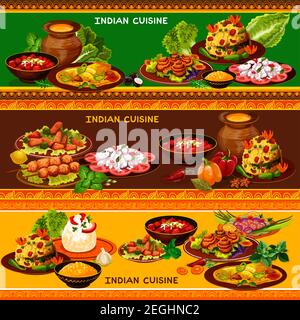 Indian cuisine restaurant banner set with ethnic asian menu. Vegetable, chicken meat and fish salad, vegetarian rice pilaf and grilled chicken, baked Stock Vector