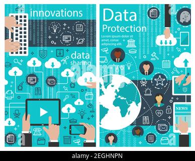 Data protection poster of internet digital innovations for web cloud information transfer. Vector cloud network system or file storage for information Stock Vector