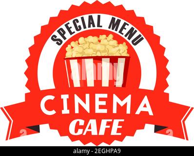 Pop corn box icon for cinema cafe or movie theater bistro menu design template. Vector isolated symbol of sweet popcorn fast food dessert in red strip Stock Vector
