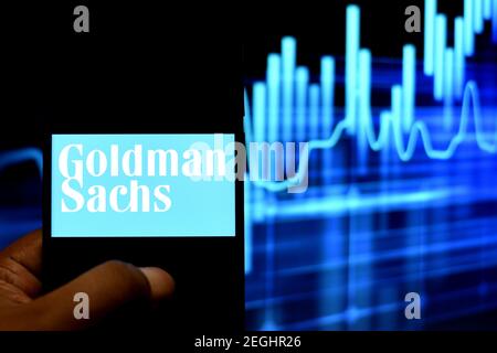 In this Photo illustration, the Goldman Sachs logo seen displayed on a Smartphone. Stock Photo