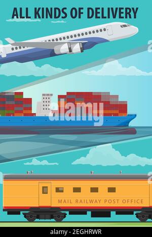 Delivery service banner of air cargo, maritime shipping and railway freight. Freight airplane, cargo ship with containers and freight train cartoon po Stock Vector