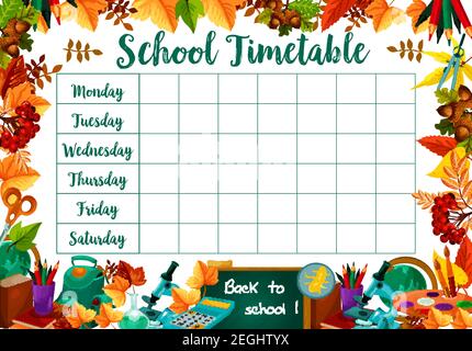 School daily timetable or lesson schedule of school bag and school stationery book or copybook and mathematics calculator, pencil or maple leaf and ge Stock Vector