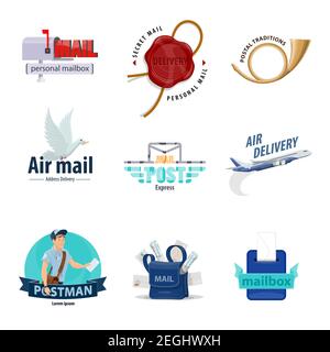 Post service icon set for mail delivery themes design. Mailbox, letter envelope and postman, postbox, postal horn and mailman bag with correspondence, Stock Vector