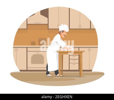 Baker making bread cartoon icon for bakery design. Pastry chef in white uniform hat kneading dough for bread, pastry and dessert at kitchen for bakery Stock Vector
