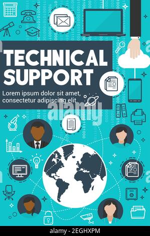 Technical support banner for customer service concept. Globe, surrounded with operator avatars, computer and mobile phone, e-mail, idea light bulb and Stock Vector