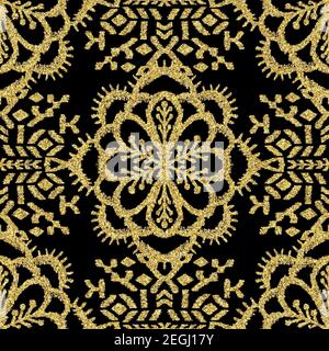 Seamless gold glitter ethnic rug motif pattern. Stock Photo