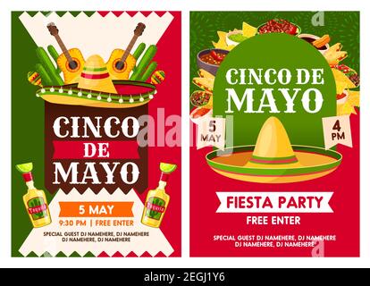 Cinco de Mayo Mexican national holiday celebration fiesta party invitation. Vector posters of Mexican traditional tequila and guitar, Mexico flags on Stock Vector