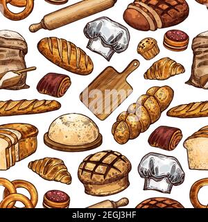 Bread seamless pattern background of bakery and pastry food. Wheat and rye bread loaf, croissant and baguette, cake, cookie and cupcake, bun, toast an Stock Vector