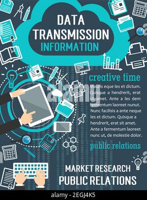 Public relations and market research banner. User with computer, mobile phone and tablet flat poster, supplemented by graph, idea light bulb and magni Stock Vector
