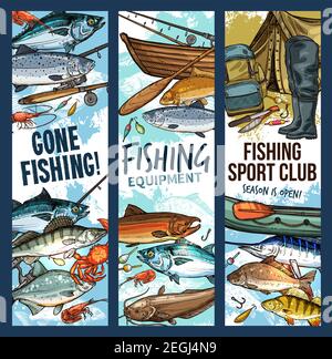 Fishing sport club poster, fish, rod, boat, tackle Stock Vector Image & Art  - Alamy