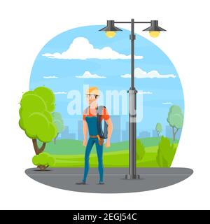 Lineman with work tool cartoon icon for electrical technician profession design. Utility electrician in blue uniform and hard hat standing near light Stock Vector