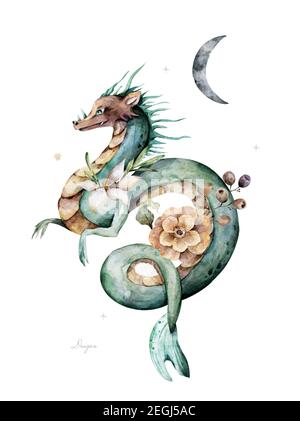 Golden and green cute dragon. Hand drawn watercolor cartoon isolated ...