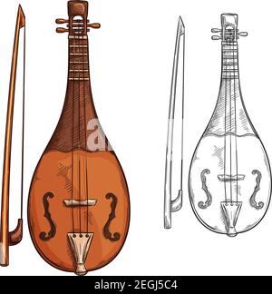 Rebec with bow sketch of medieval musical instrument. Bowed stringed instrument of Arab classic music isolated symbol for ethnic music festival or fol Stock Vector