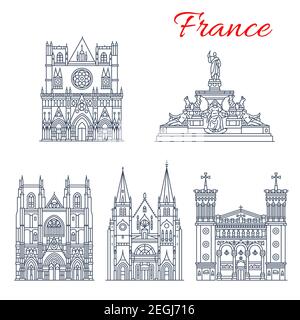 French travel landmark icon set of European architecture. Fountain at Royal square, Nantes Cathedral and Basilica of Notre Dame de Fourviere, Lyon Cat Stock Vector