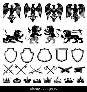 Heraldic symbols vector set. Heraldic elements lions, eagles, shield, weapon, crown. Black and white color heraldry isolated on white. Crossed swords Stock Vector